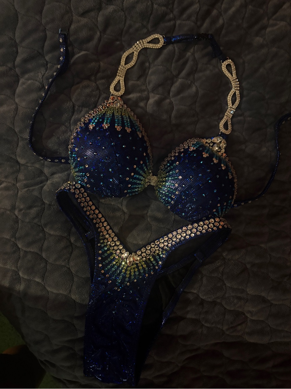 Embellished Navy Blue Crystal Bikini Set Figure Suit
